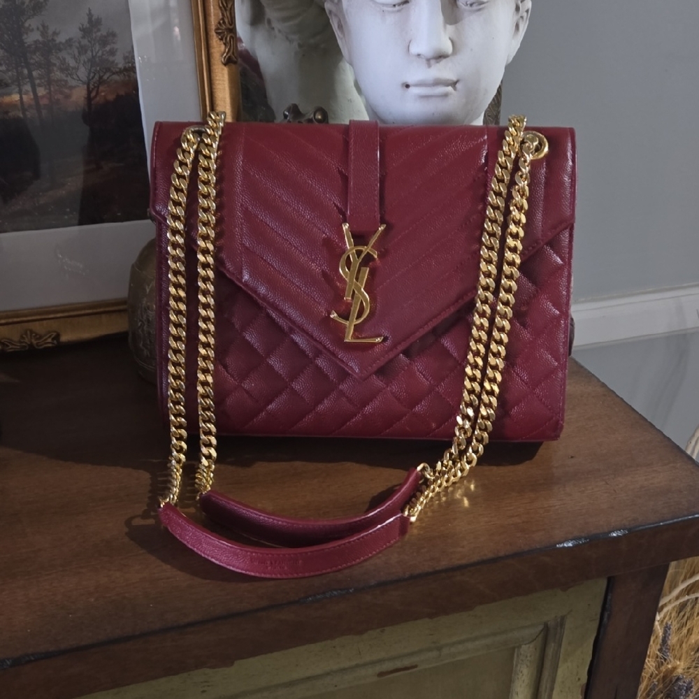 Yves Saint Laurent Quilted Leather Envelope Crossbody in Burgundy